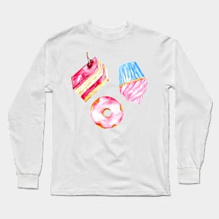 Watercolor Cake Slice Cupcake Donut Doughnut Illustration Cute Long Sleeve T-Shirt